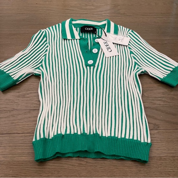 NWT Cider Stripe Knit Slim Green and White Polo Ribbed Crop Top Size Medium - Picture 3 of 9